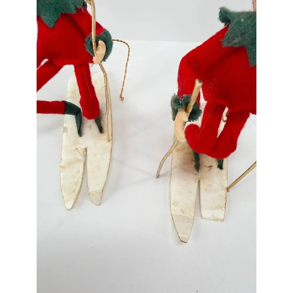 Vintage Christmas Elf Pixie Skier Dolls Plastic Felt Ski Holiday Decor Set